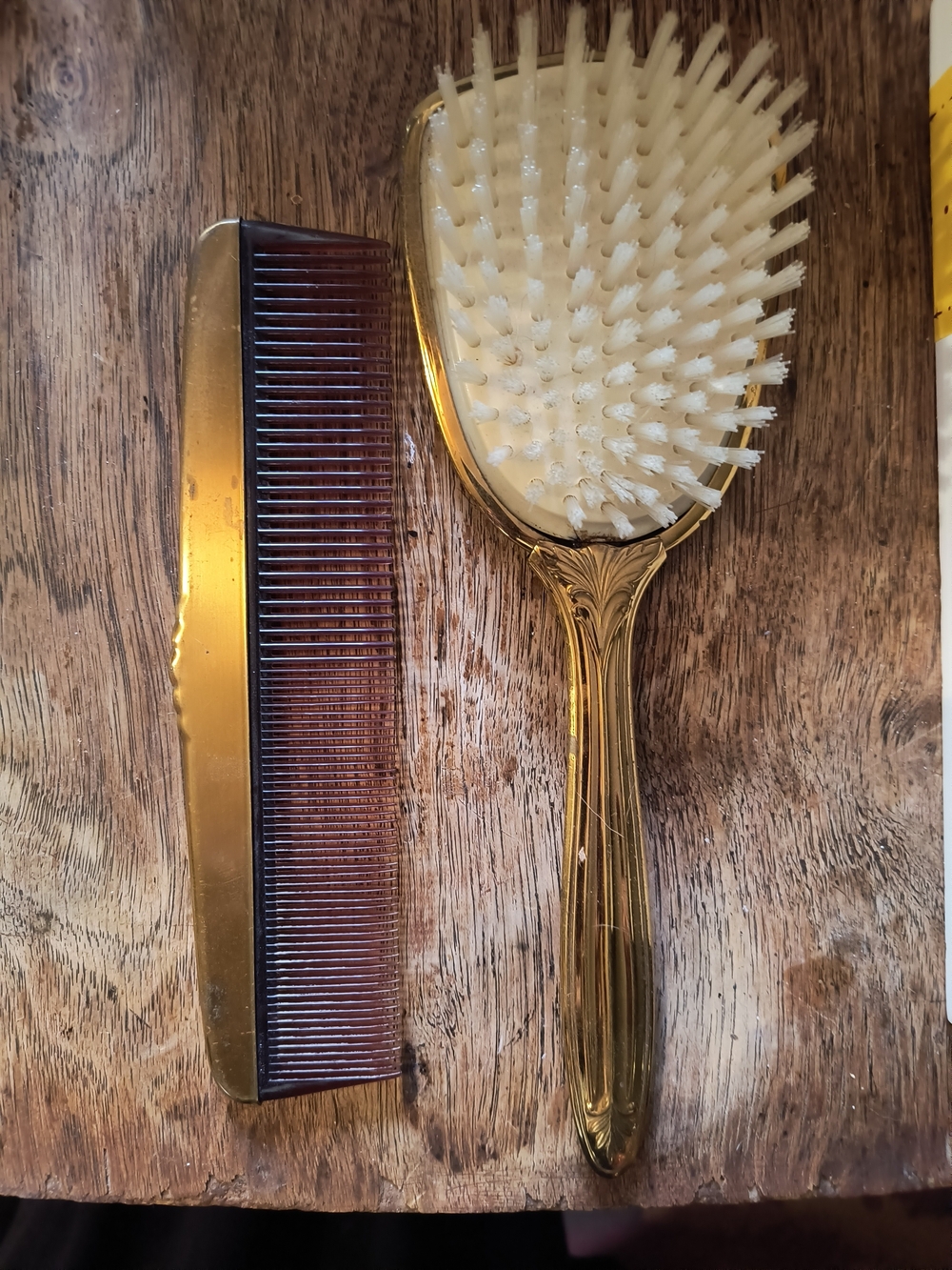Gold Hair Brush with Cream Bristles and Matching Gold Comb